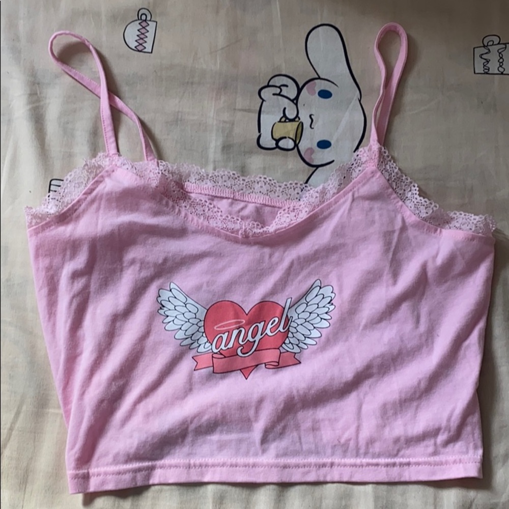 angel print laced pink tank top